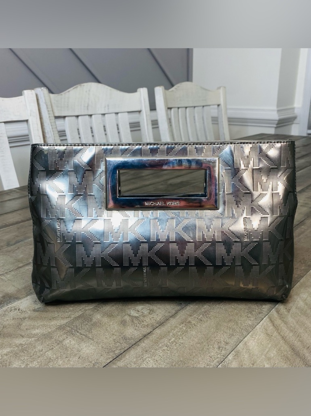 Michael Kors Berkley Signature Mirror Logo Clutch Pewter Metallic
